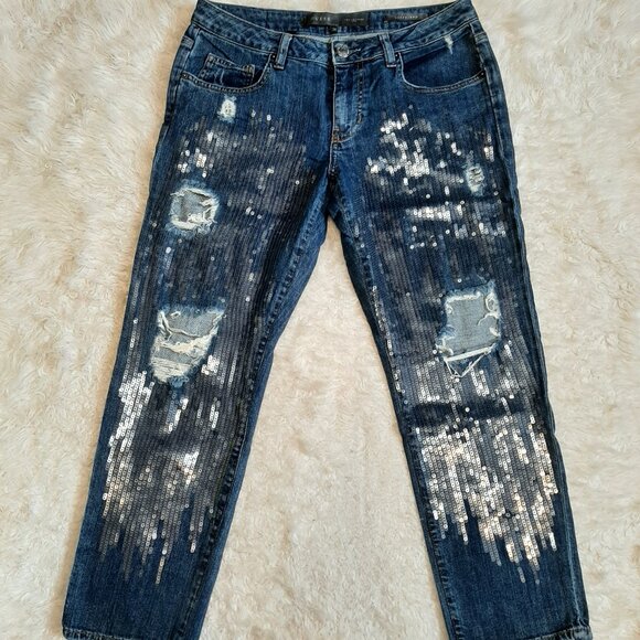 Guess Boyfriend Metallic Glitter Cropped Leg Ripped Denim Pants US26 - Picture 2 of 12